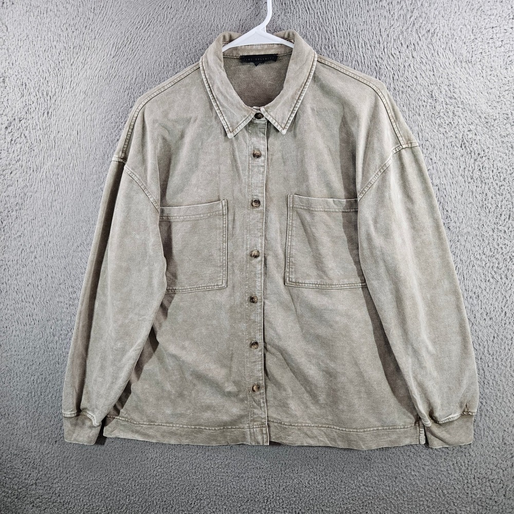Jane Delancey Mineral Wash French Terry Shacket Shirt Jacket Olive Tan XL